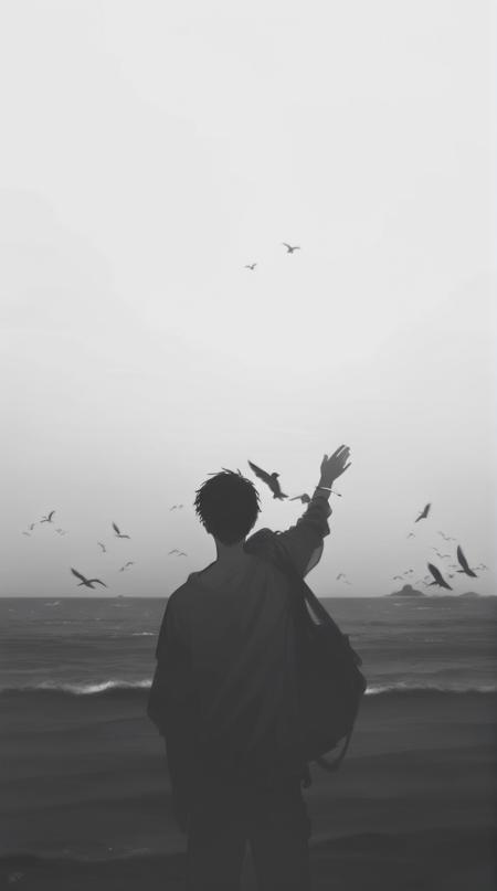 00015-1835588441-score_9_up,score_8_up,greyscale,monochrome,bird,1boy,ocean,outdoors,male focus,solo,from behind,arm up,beach,water,standing,anim.png